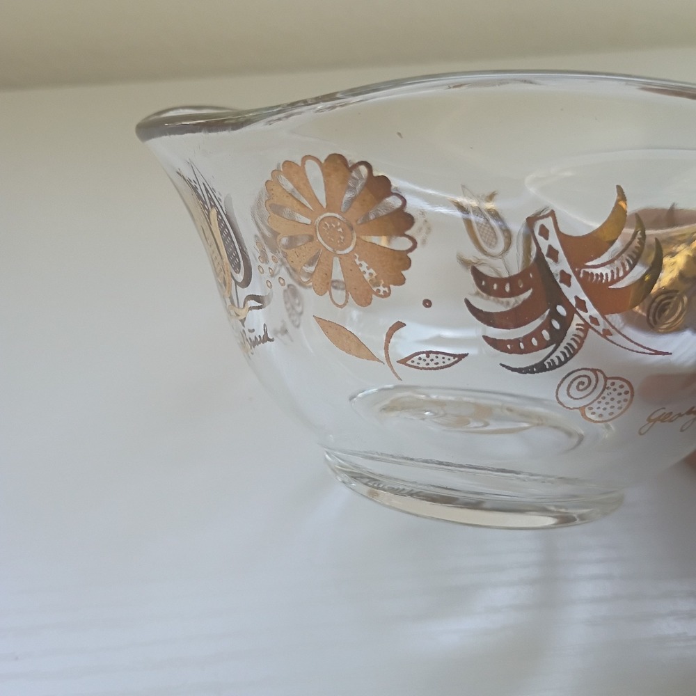 MCM Georges Briard Gold Floral Glass Bowl Jacobean Flowers W/ Gold Spoon - Picture 4 of 16